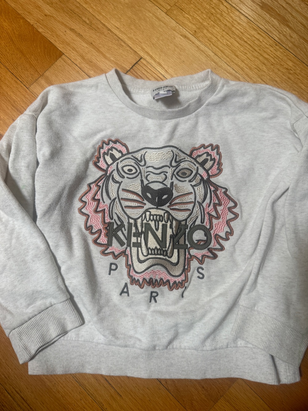 Kenzo Kids Light Gray Sweatshirt with Pink & Black Tiger Embroidery